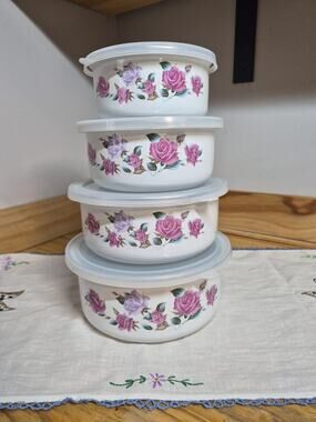Vintage Stainless Enamel Nesting Bowls White with Pink Rose Pattern